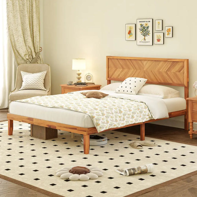 Twin/Full/Queen Size Bed Frame with Headboard and Storage Space-Queen Size - Natural - Simple Bed Frame