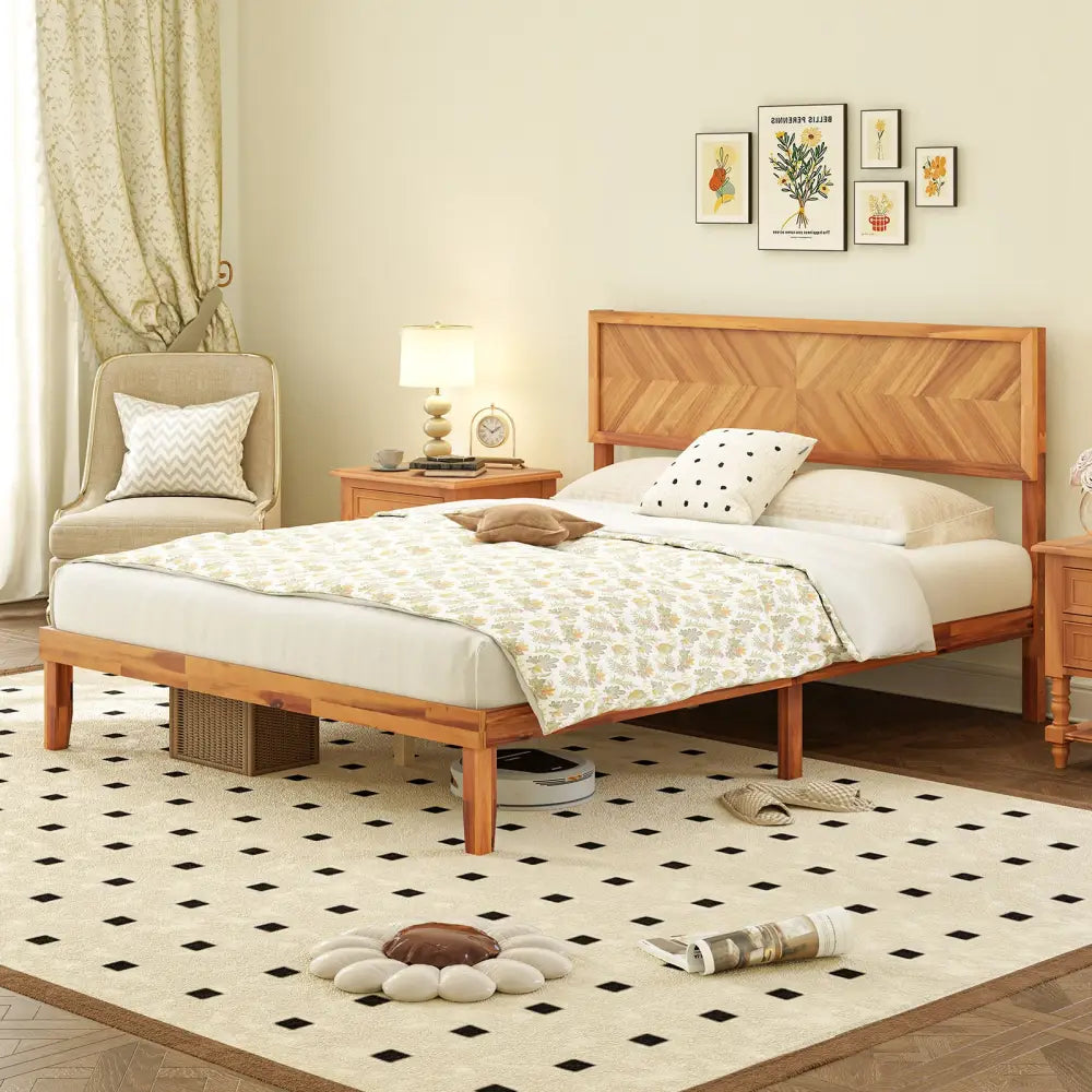 Twin/Full/Queen Size Bed Frame with Headboard and Storage Space-Queen Size - Natural - Simple Bed Frame