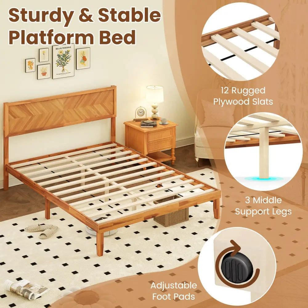 Twin/Full/Queen Size Bed Frame with Headboard and Storage Space-Queen Size - Natural - Simple Bed Frame