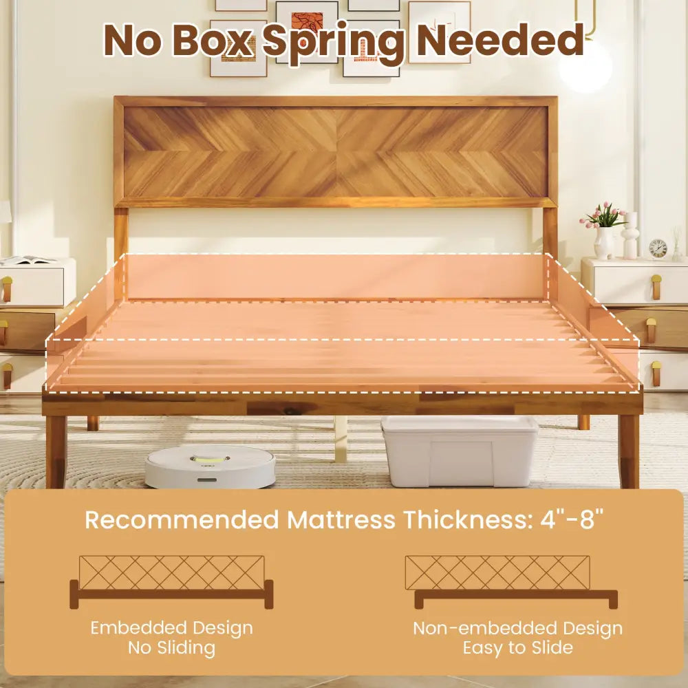 Twin/Full/Queen Size Bed Frame with Headboard and Storage Space-Queen Size - Natural - Simple Bed Frame