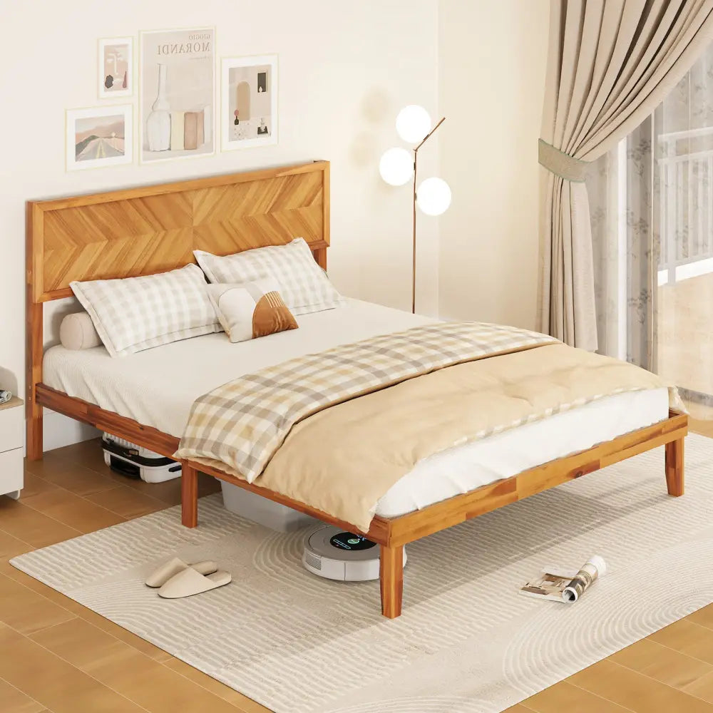 Twin/Full/Queen Size Bed Frame with Headboard and Storage Space-Queen Size - Natural - Simple Bed Frame