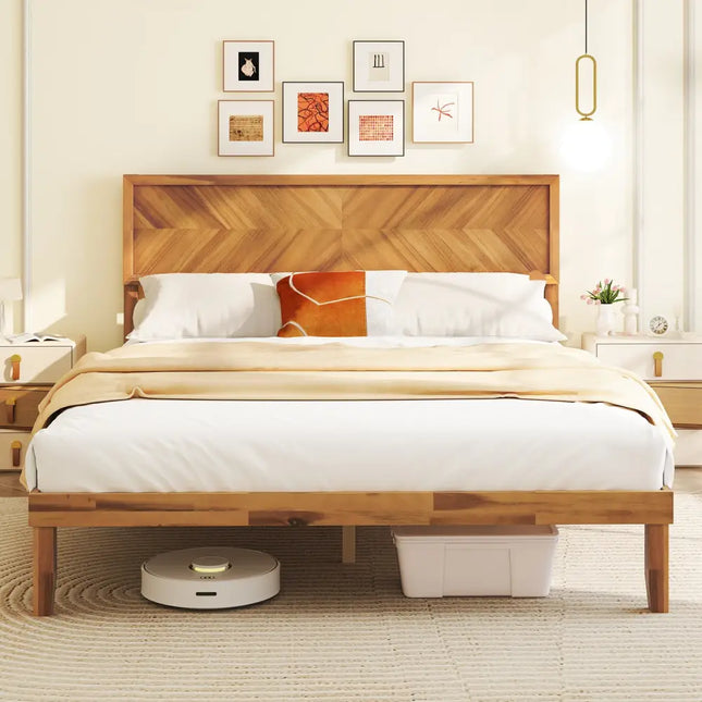 Twin/Full/Queen Size Bed Frame with Headboard and Storage Space-Queen Size - Natural - Simple Bed Frame