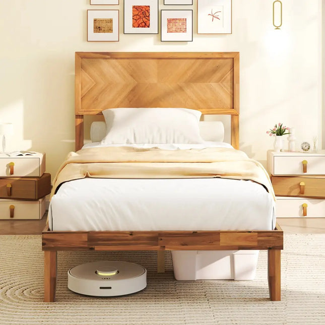 Twin/Full/Queen Size Bed Frame with Headboard and Storage Space-Twin Size - Natural - Simple Bed Frame