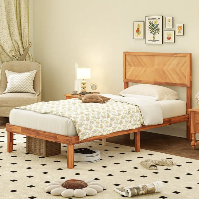 Twin/Full/Queen Size Bed Frame with Headboard and Storage Space-Twin Size - Natural - Simple Bed Frame