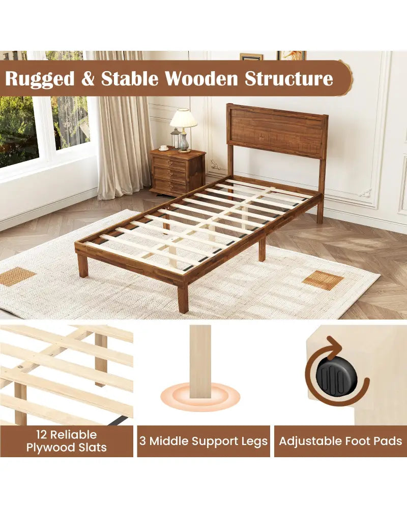 Twin/Full/Queen Size Bed Frame with Headboard and Wooden Slats Support-Twin Size - Walnut - Simple Bed Frame