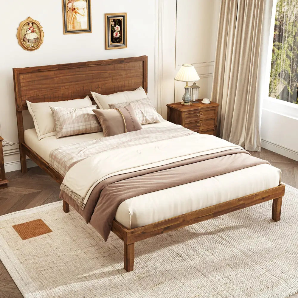 Twin/Full/Queen Size Bed Frame with Headboard and Wooden Slats Support-Full Size - Walnut - Simple Bed Frame