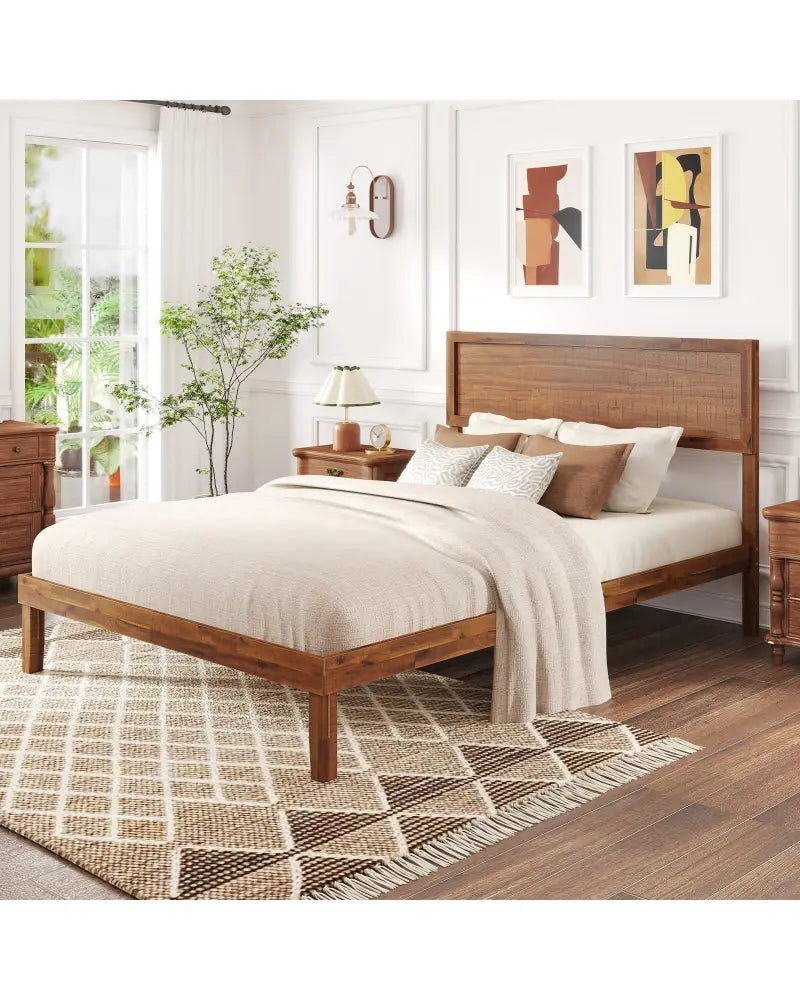 Twin/Full/Queen Size Bed Frame with Headboard and Wooden Slats Support-Full Size - Walnut - Simple Bed Frame