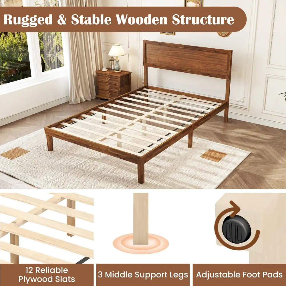 Twin/Full/Queen Size Bed Frame with Headboard and Wooden Slats Support-Full Size - Walnut - Simple Bed Frame