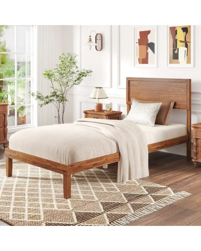 Twin/Full/Queen Size Bed Frame with Headboard and Wooden Slats Support-Twin Size - Walnut - Simple Bed Frame
