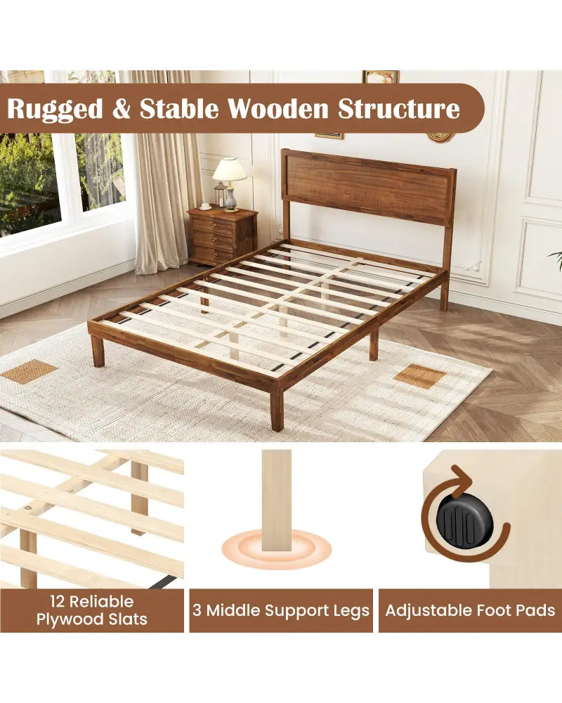 Twin/Full/Queen Size Bed Frame with Headboard and Wooden Slats Support-Full Size - Walnut - Simple Bed Frame