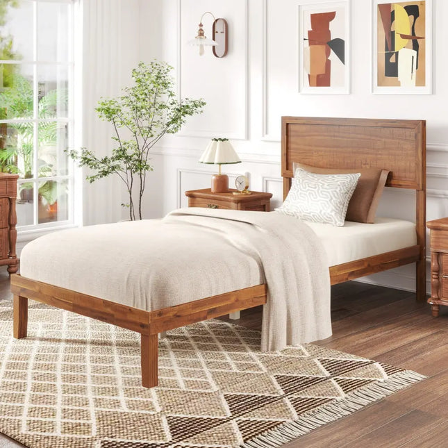Twin/Full/Queen Size Bed Frame with Headboard and Wooden Slats Support-Twin Size - Walnut - Simple Bed Frame