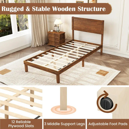 Twin/Full/Queen Size Bed Frame with Headboard and Wooden Slats Support-Twin Size - Walnut - Simple Bed Frame