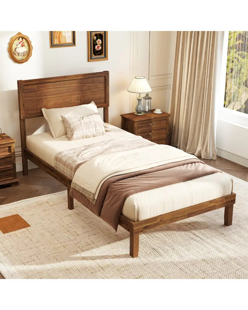 Twin/Full/Queen Size Bed Frame with Headboard and Wooden Slats Support-Twin Size - Walnut - Simple Bed Frame