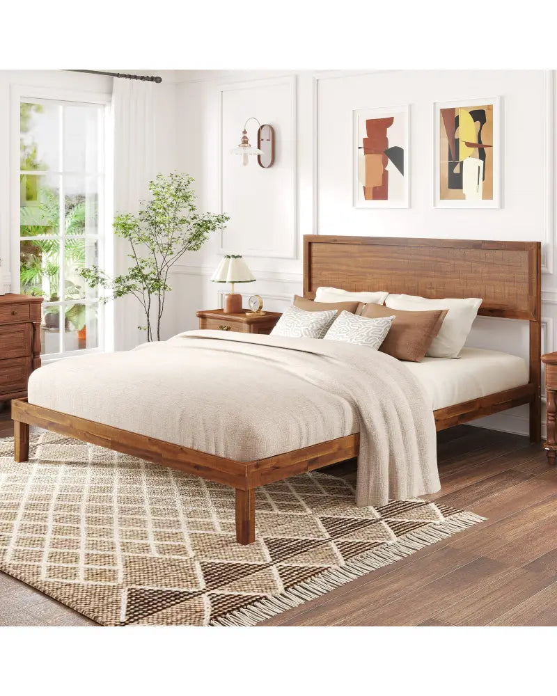 Twin/Full/Queen Size Bed Frame with Headboard and Wooden Slats Support-Queen Size - Walnut - Simple Bed Frame
