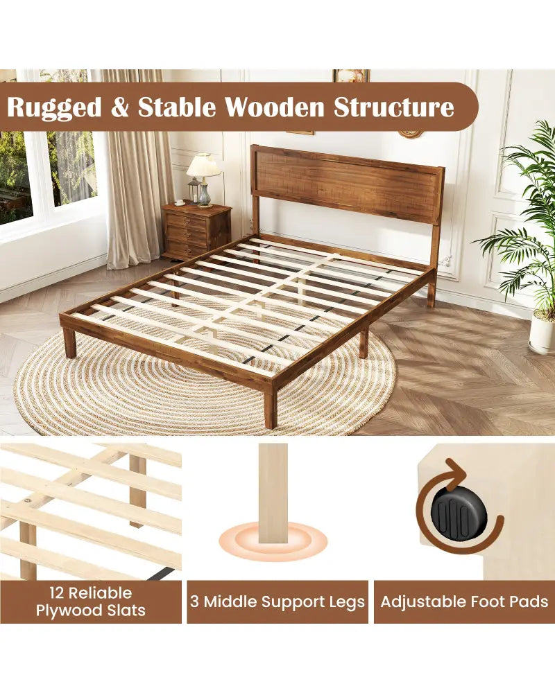 Twin/Full/Queen Size Bed Frame with Headboard and Wooden Slats Support-Queen Size - Walnut - Simple Bed Frame