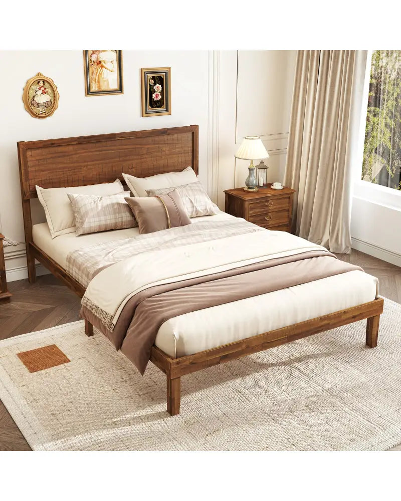 Twin/Full/Queen Size Bed Frame with Headboard and Wooden Slats Support-Full Size - Walnut - Simple Bed Frame