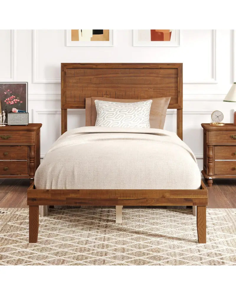 Twin/Full/Queen Size Bed Frame with Headboard and Wooden Slats Support-Twin Size - Walnut - Simple Bed Frame