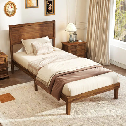 Twin/Full/Queen Size Bed Frame with Headboard and Wooden Slats Support-Twin Size - Walnut - Simple Bed Frame