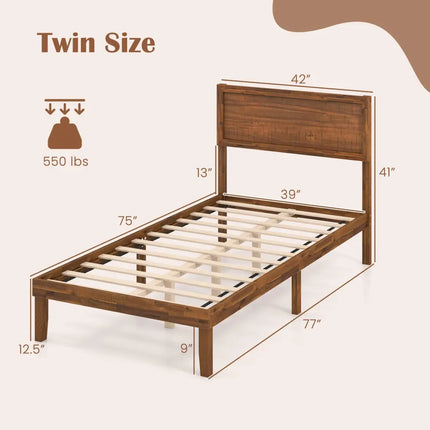 Twin/Full/Queen Size Bed Frame with Headboard and Wooden Slats Support-Twin Size - Walnut - Simple Bed Frame