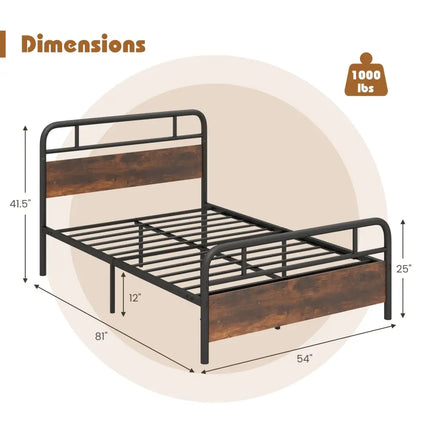 Twin/Full/Queen Size Bed Frame with Industrial Headboard-Full Size - Black - Simple Bed Frame