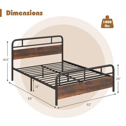 Twin/Full/Queen Size Bed Frame with Industrial Headboard-Queen Size - Black - Simple Bed Frame