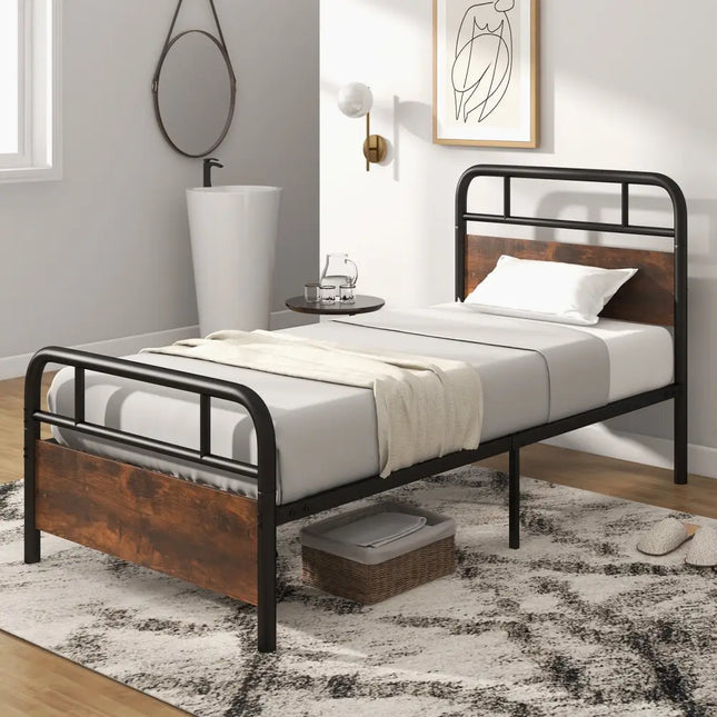 Twin/Full/Queen Size Bed Frame with Industrial Headboard-Twin Size - Black - Simple Bed Frame