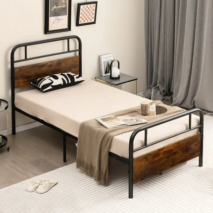 Twin/Full/Queen Size Bed Frame with Industrial Headboard-Twin Size - Black - Simple Bed Frame