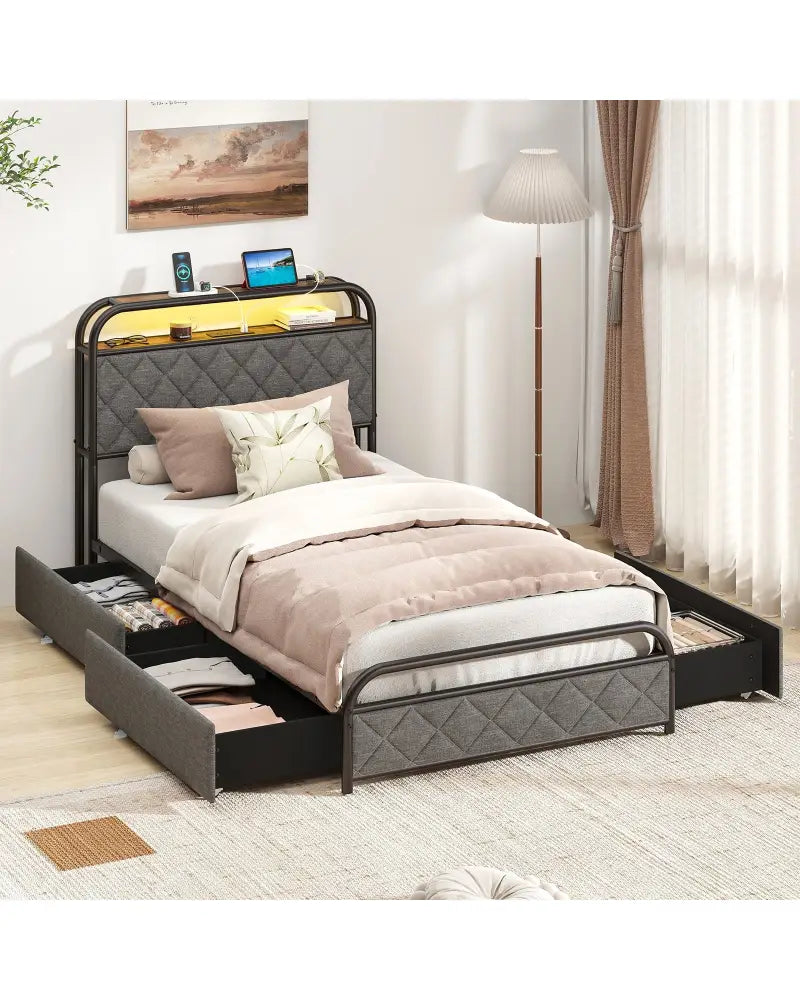 Twin/Full/Queen Size Bed Frame with LED Lights and Charging Station-Twin Size - Black - Simple Bed Frame