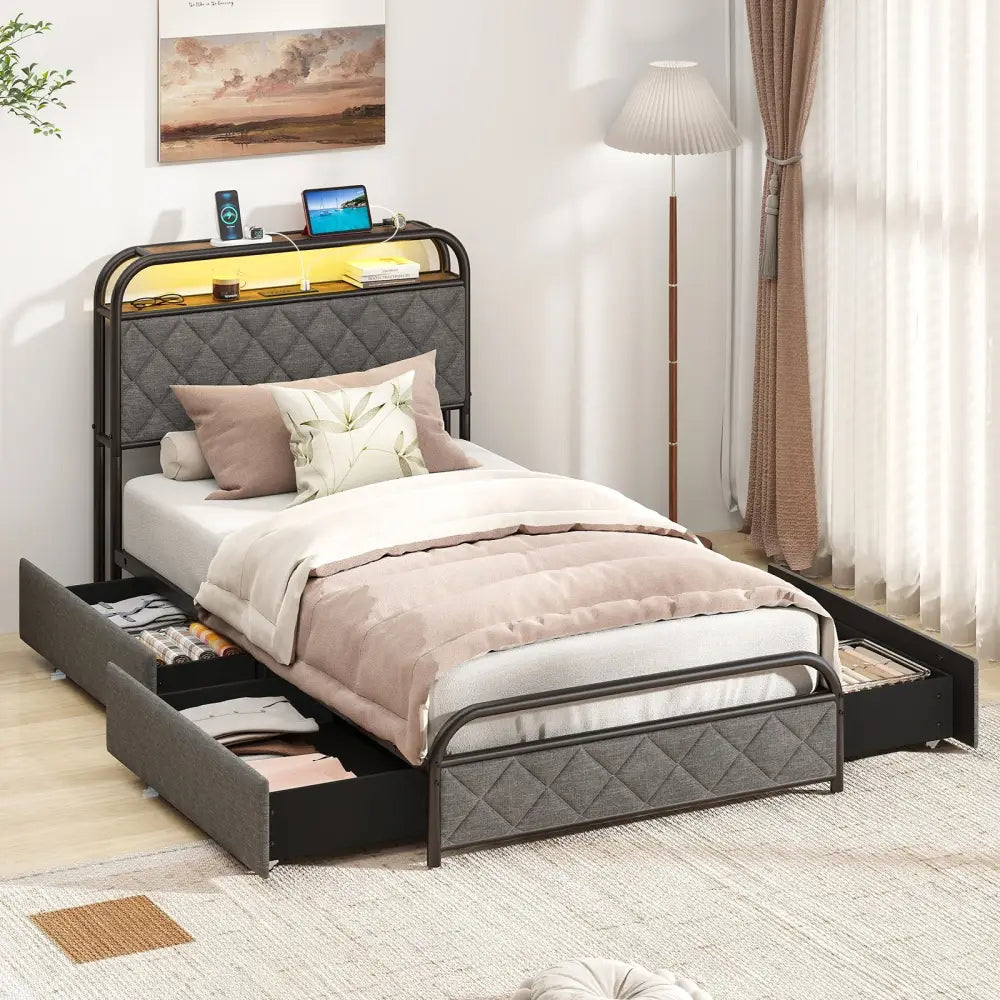 Twin/Full/Queen Size Bed Frame with LED Lights and Charging Station-Twin Size - Black - Simple Bed Frame