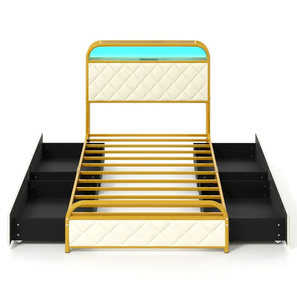Twin/Full/Queen Size Bed Frame with LED Lights and Charging Station Gold-Twin Size - Golden - Simple Bed Frame