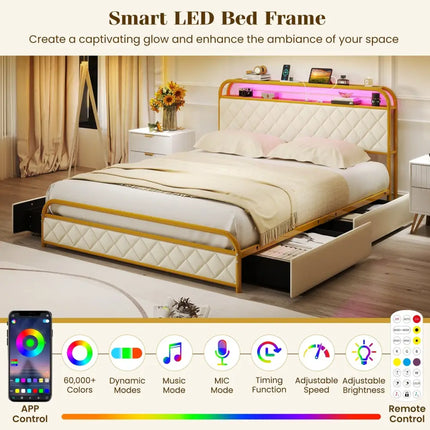 Twin/Full/Queen Size Bed Frame with LED Lights and Charging Station Gold-Queen Size - Golden - Simple Bed Frame