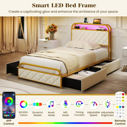 Twin/Full/Queen Size Bed Frame with LED Lights and Charging Station Gold-Twin Size - Golden - Simple Bed Frame