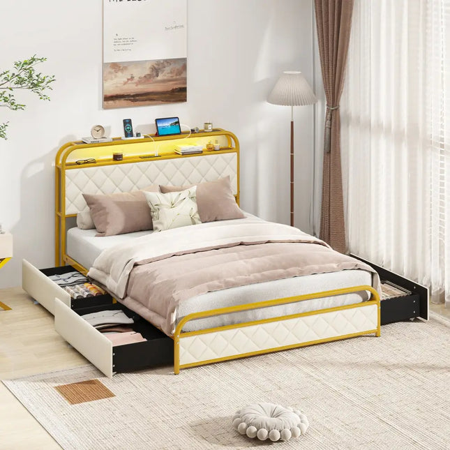 Twin/Full/Queen Size Bed Frame with LED Lights and Charging Station Gold-Full Size - Golden - Simple Bed Frame
