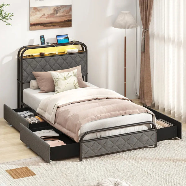 Twin/Full/Queen Size Bed Frame with LED Lights and Charging Station-Twin Size - Black - Simple Bed Frame