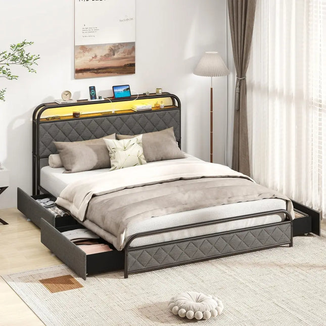 Twin/Full/Queen Size Bed Frame with LED Lights and Charging Station-Queen Size - Black - Simple Bed Frame