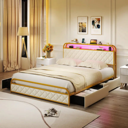 Twin/Full/Queen Size Bed Frame with LED Lights and Charging Station Gold-Queen Size - Golden - Simple Bed Frame