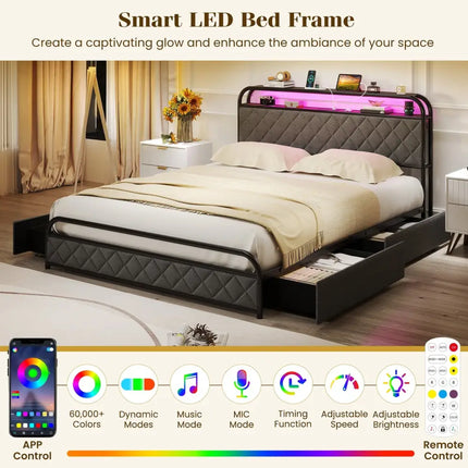 Twin/Full/Queen Size Bed Frame with LED Lights and Charging Station-Queen Size - Black - Simple Bed Frame