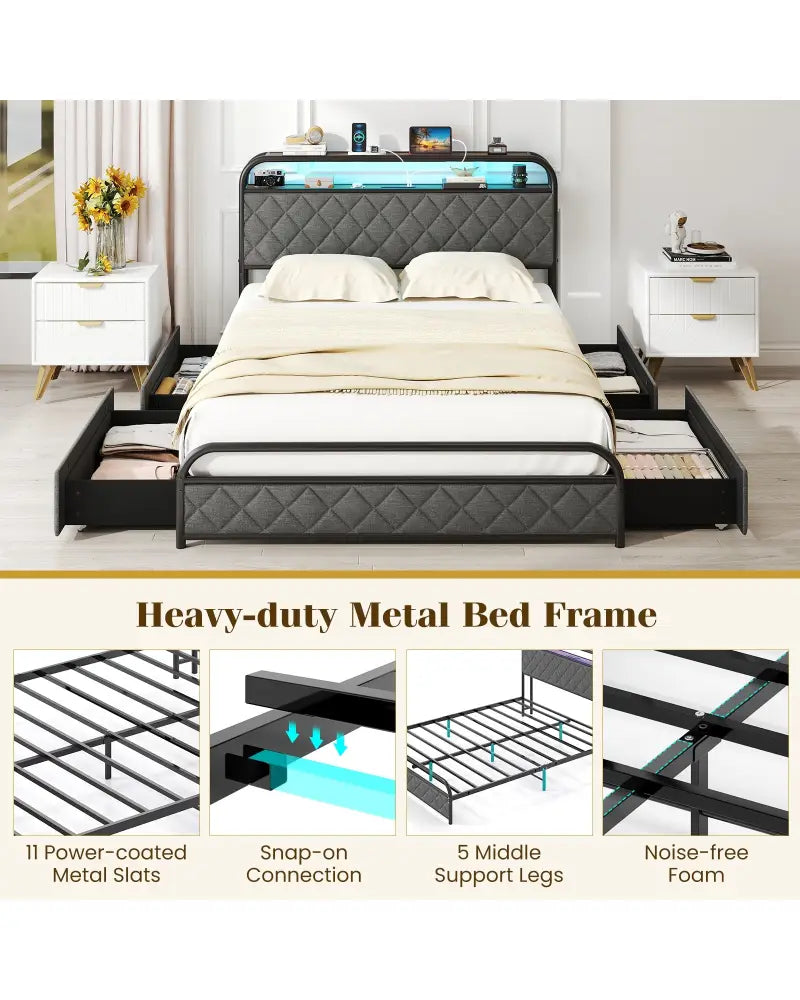 Twin/Full/Queen Size Bed Frame with LED Lights and Charging Station-Full Size - Black - Simple Bed Frame