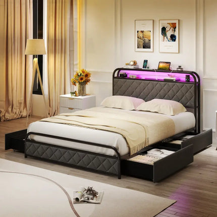 Twin/Full/Queen Size Bed Frame with LED Lights and Charging Station-Full Size - Black - Simple Bed Frame