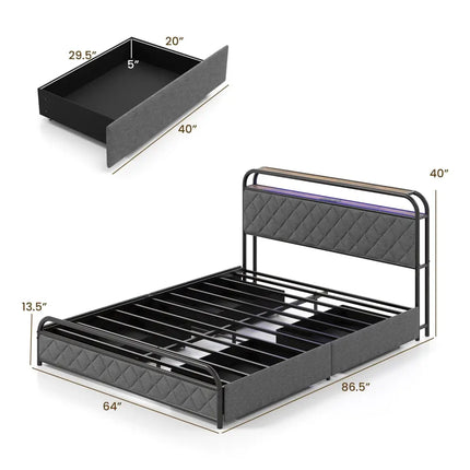 Twin/Full/Queen Size Bed Frame with LED Lights and Charging Station-Queen Size - Black - Simple Bed Frame