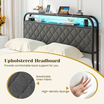 Twin/Full/Queen Size Bed Frame with LED Lights and Charging Station-Full Size - Black - Simple Bed Frame