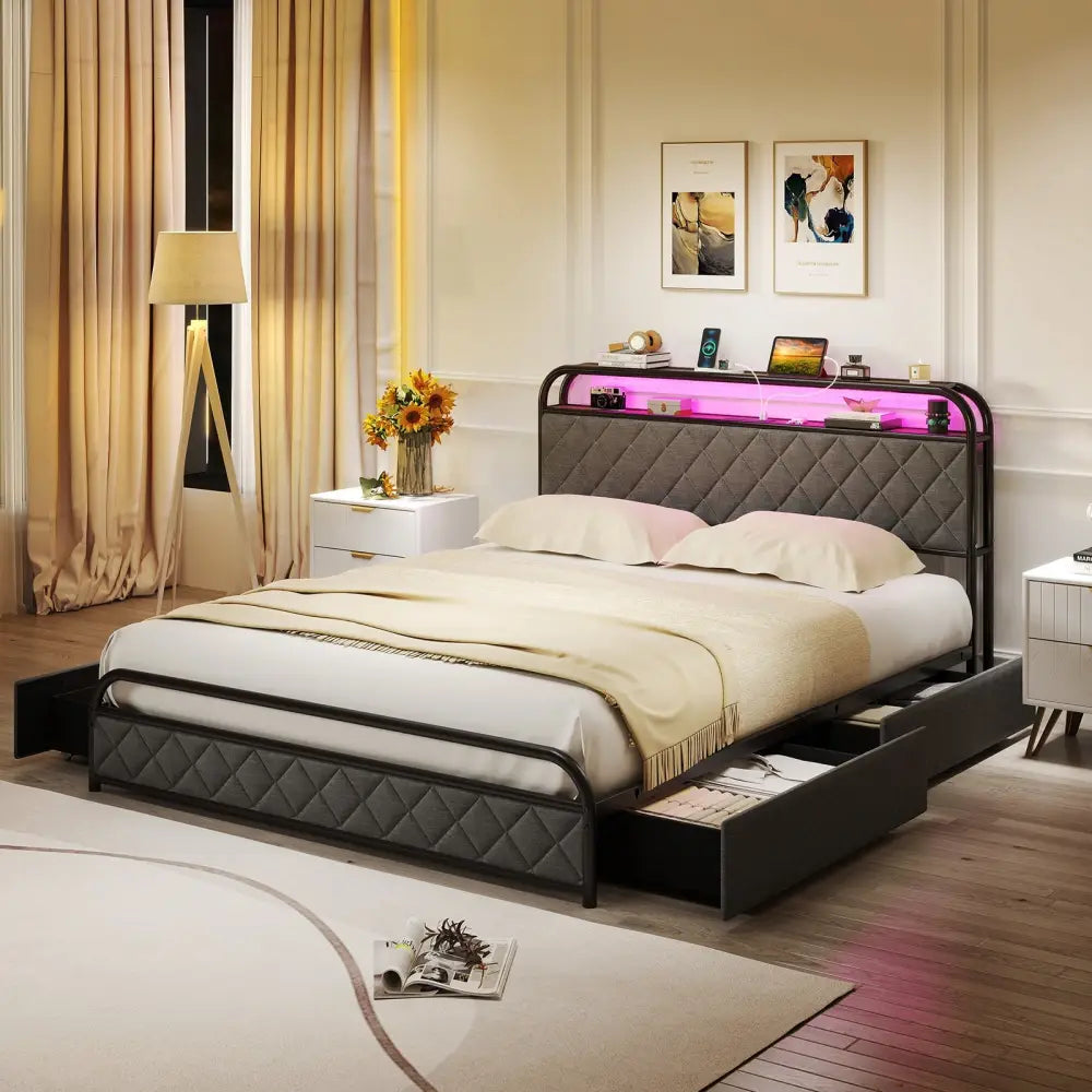 Twin/Full/Queen Size Bed Frame with LED Lights and Charging Station-Queen Size - Black - Simple Bed Frame