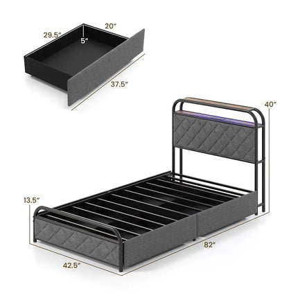 Twin/Full/Queen Size Bed Frame with LED Lights and Charging Station-Twin Size - Black - Simple Bed Frame