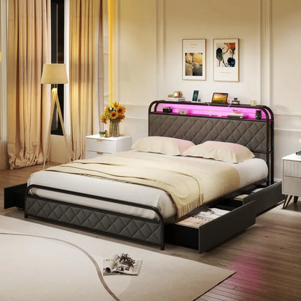 Twin/Full/Queen Size Bed Frame with LED Lights and Charging Station-Queen Size - Black - Simple Bed Frame