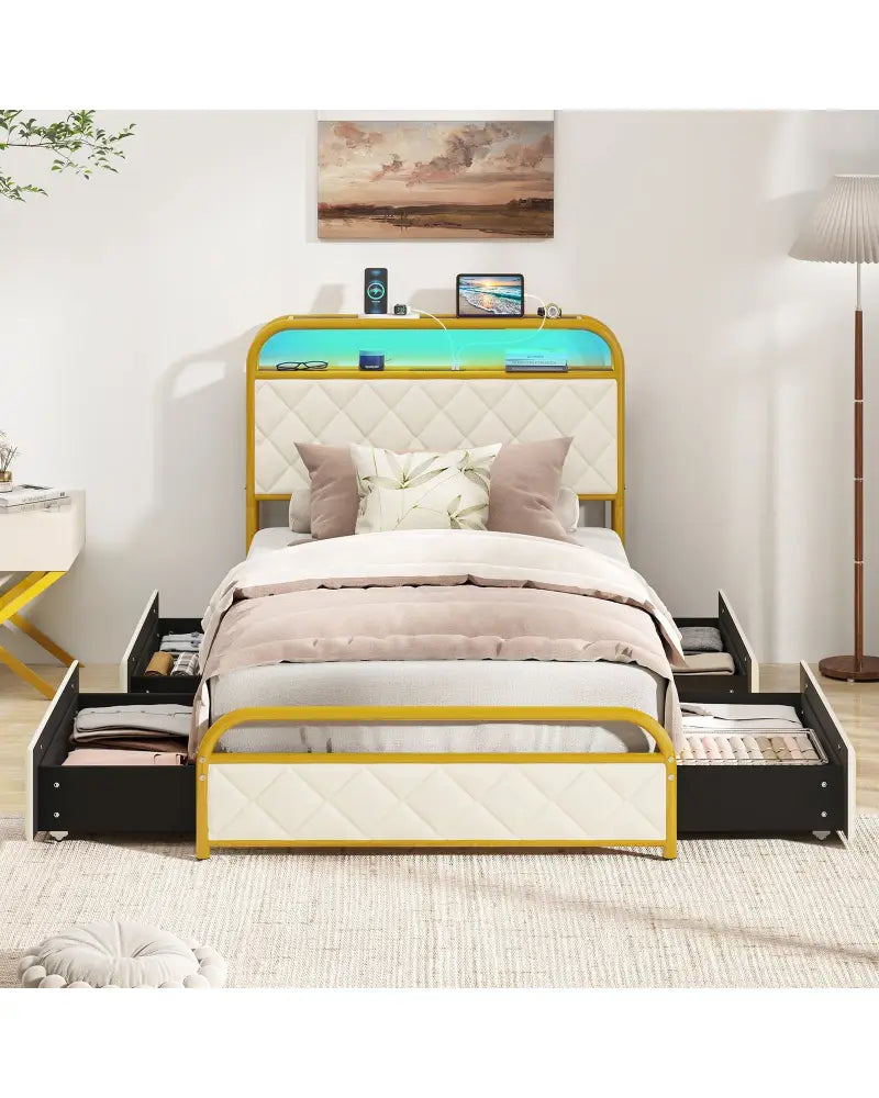 Twin/Full/Queen Size Bed Frame with LED Lights and Charging Station Gold-Twin Size - Golden - Simple Bed Frame