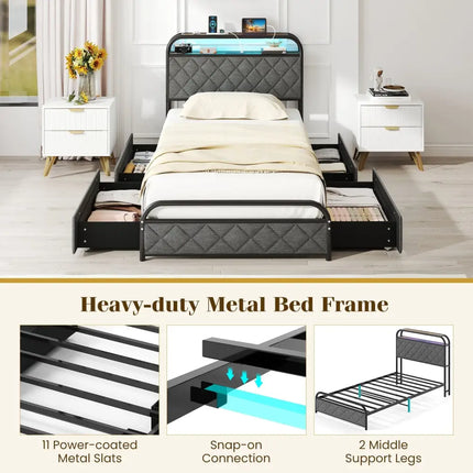 Twin/Full/Queen Size Bed Frame with LED Lights and Charging Station-Twin Size - Black - Simple Bed Frame