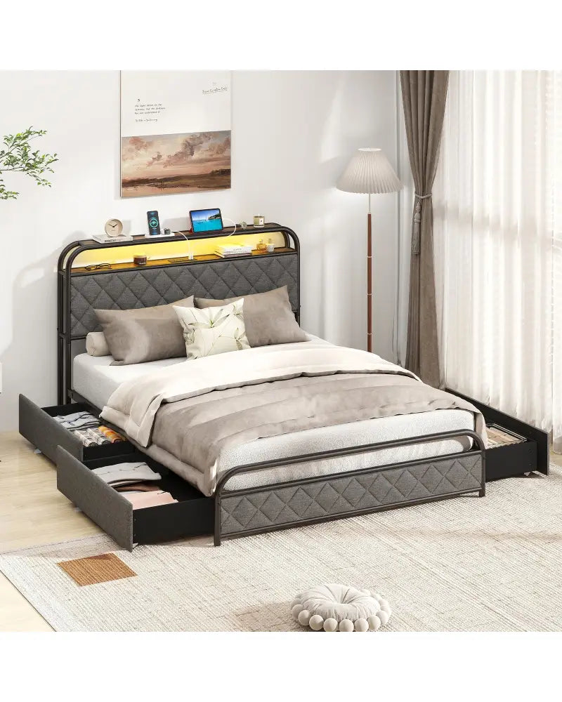 Twin/Full/Queen Size Bed Frame with LED Lights and Charging Station-Full Size - Black - Simple Bed Frame