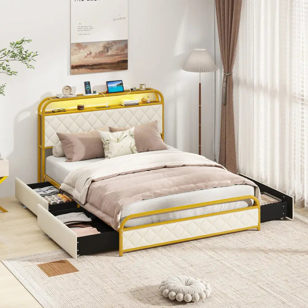 Twin/Full/Queen Size Bed Frame with LED Lights and Charging Station Gold-Full Size - Golden - Simple Bed Frame