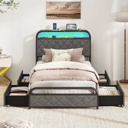 Twin/Full/Queen Size Bed Frame with LED Lights and Charging Station-Twin Size - Black - Simple Bed Frame