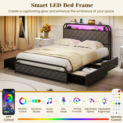 Twin/Full/Queen Size Bed Frame with LED Lights and Charging Station-Full Size - Black - Simple Bed Frame